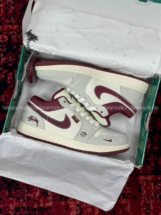 کتونی نایک جردن 1 استوسی کرم زرشکی | Nike jordan 1 stussy 