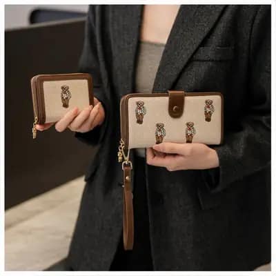 کیف پول تدی گلدوزی کوچک و بزرگ قهوه‌ای و کرمی