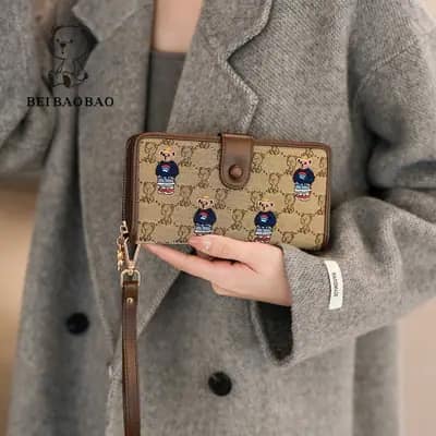 کیف پول تدی گلدوزی کوچک و بزرگ قهوه‌ای و کرمی
