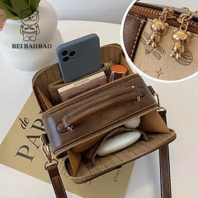 کیف وارداتی تدی دو زیپ بند چرمی قهوه‌ای