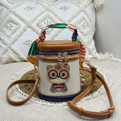 کیف وارداتی تدی بند چرمی قهوه‌ای و کرمی