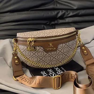 کیف دوشی و کمری زنانه اسپرت مونوگرام رنگ قهوه ای با بند پهن