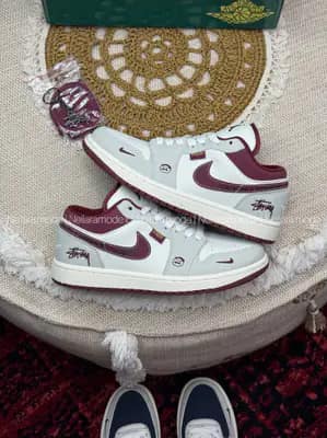 کتونی نایک جردن 1 استوسی کرم زرشکی | Nike jordan 1 stussy 