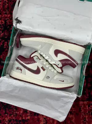 کتونی نایک جردن 1 استوسی کرم زرشکی | Nike jordan 1 stussy 